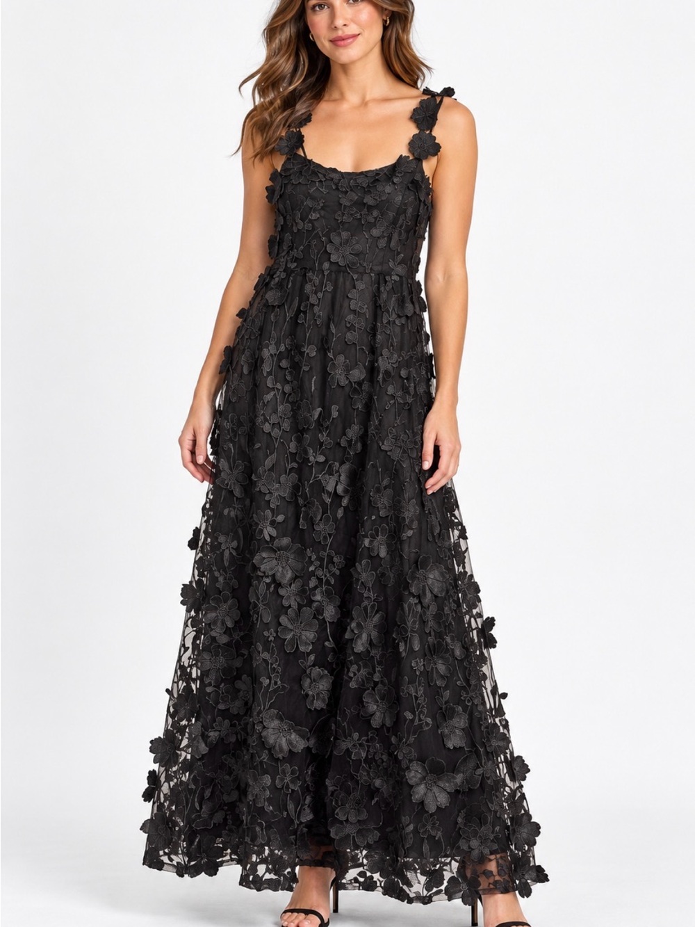 NWT Dalia MacPhee Black 3D Floral Appliqué Maxi Dress L